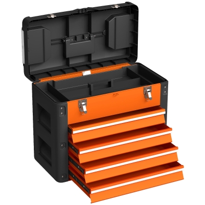 HOMCOM Lege gereedschapskist, 49,7 x 25,3 x 40,7 cm, gereedschapskoffer met 4 laden, mini-box, staal, oranje