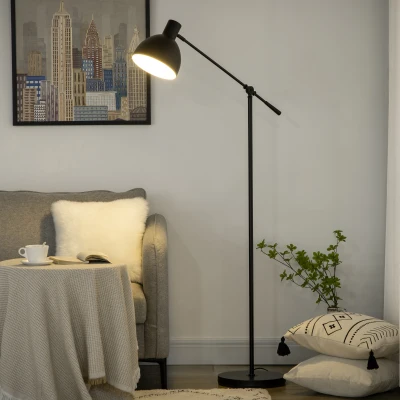 HOMCOM Candeeiro de pé para sala 40 W altura ajustável, abajur e braço orientável, interruptor no pé, soquete E27, preto