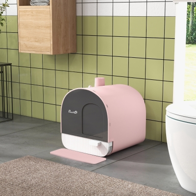 PawHut Bac à litière pour chat avec porte battante pelle et filtre inclus dim. 43L x 44l x 47H cm rose