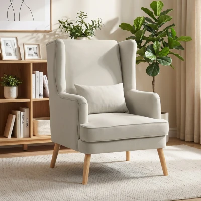 HOMCOM Fauteuil Accent Lin Beige Dossier Haut Assise Large