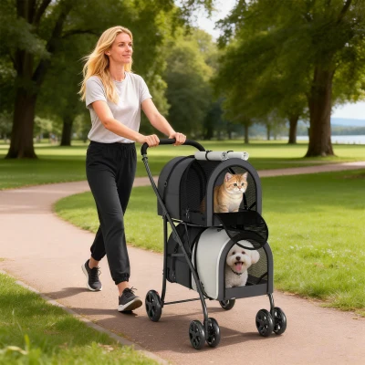 PawHut Carrito Doble para Perros Gatos Plegable con 2 Transportines Extraíbles con Cinturón y Cojines 66x50x98cm Gris Oscuro