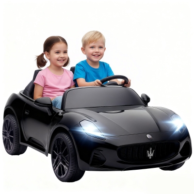 AIYAPLAY Maserati Carro Elétrico para Crianças, 2 lugares, 12V a bateria, Controle Remoto, Luzes LED, Função musical, Preto
