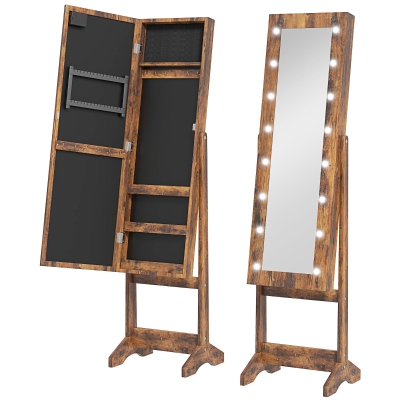 HOMCOM Schmuckschrank mit verstellbarem Spiegel und LED-Beleuchtung 36x30x136 cm Rustikales Braun
