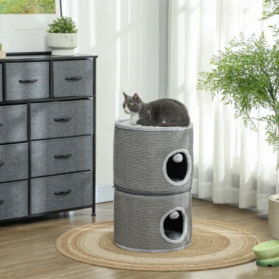 PawHut Torre para gato modular tonel arranhador para gato com zíper separável 3 níveis duas bolas Ø 42 x 69H cm cinza