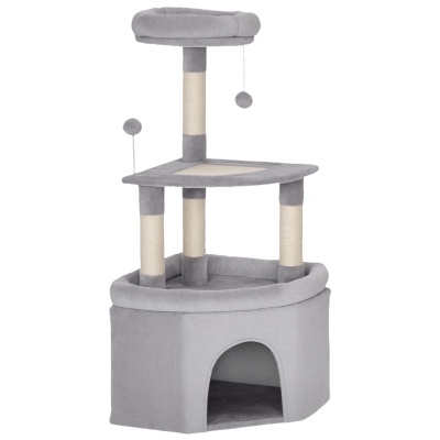 PawHut Árvore para gatos torre de atividades para gatos arranhadores sisal, plataforma, toca, pelúcia, bolas, 49x49x114cm cinza claro