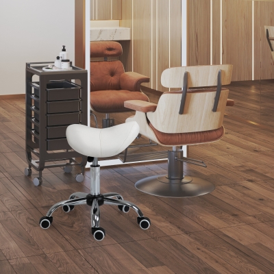 HOMCOM Height Adjustable Saddle Stool with Swivel Wheels, Faux Leather Salon Chair for Hairdressing, Beauty, Tattoo, White