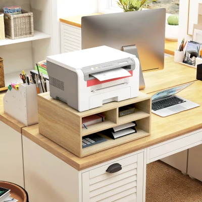 HOMCOM Organizador de mesa aspeto madeira com 3 compartimentos, suporte para impressora dim. 47L x 40l x 22,5H cm