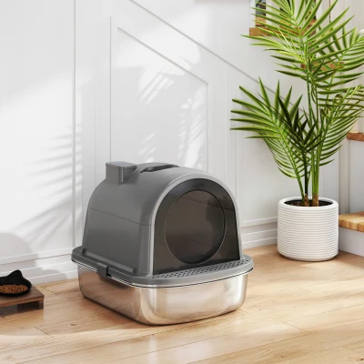 PawHut Maison Toilette Chat Bac Acier 52x41x40cm Gris Foncé