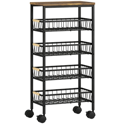 HOMCOM Carrito Auxiliar con Ruedas 4 Cestas Extraíbles Carga 15 kg Marco Metálico para Comedor 40x24x81,5 cm Marrón Rústico