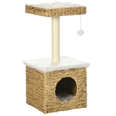 PawHut Árvore para gatos 2 níveis com 1 toca 1 poste em sisal 1 plataforma de observação e 1 pompom suspenso jacinto-de-água
