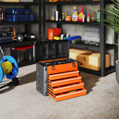 HOMCOM Lege gereedschapskist, 49,7 x 25,3 x 40,7 cm, gereedschapskoffer met 4 laden, mini-box, staal, oranje