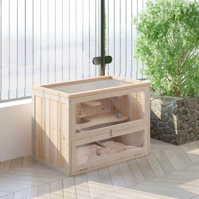 PawHut Houten knaagdierenkooi kooi muizenkooi ratten chinchillakooi klein huisdier 60 x 35 x 42 cm