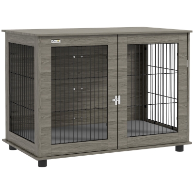 PawHut Gaiola para cão 2 em 1 mesa de apoio com almofada de pelúcia removível porta com fecho 100 x 60 x 73,5 cm cinza