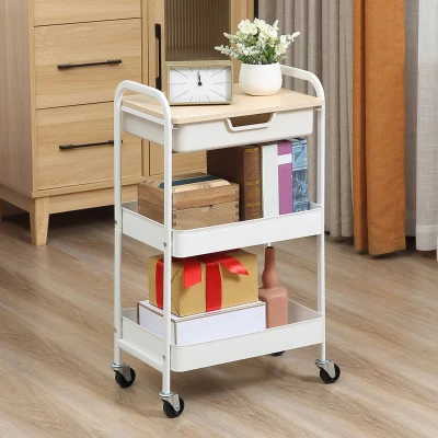 HOMCOM Desserte Cuisine 3 Niveaux Acier Blanc 44x31x76cm