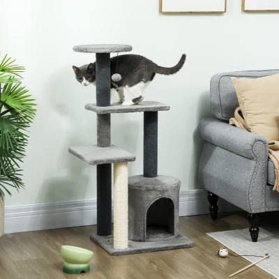 PawHut Árvore para Gato Altura 103 cm, Plataformas, Casinha em Pelúcia, Bola de Pelúcia, Postes em Sisal, Base Reforçada, Cinza