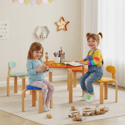 AIYAPLAY Conjunto de mesa e cadeiras infantil 5 peças, com bolso de armazenamento, formato de flor, para sala de brincadeiras, quarto infantil, madeira, colorido