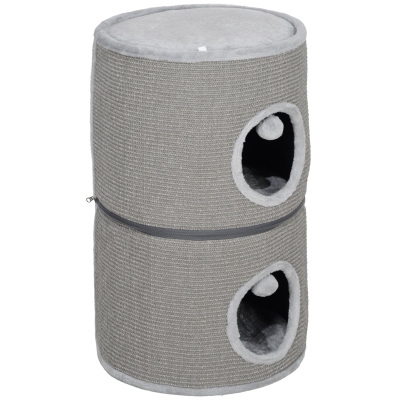 PawHut Torre para gato modular tonel arranhador para gato com zíper separável 3 níveis duas bolas Ø 42 x 69H cm cinza