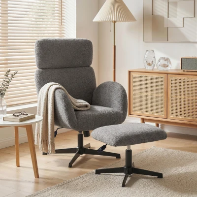HOMCOM Poltrona Moderna Girevole con Poggiapiedi, Colore Grigio