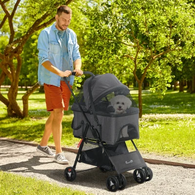 PawHut Carrinho para cães 3 em 1 dobrável cesto de transporte com alça removível almofada 76 x 51 x 100 cm cinza
