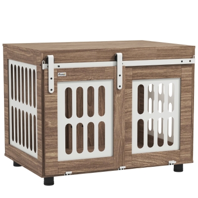 PawHut Móvel canil para cão com porta deslizante, casa para cão de porte médio, mesa de apoio, 80 x 59 x 63 cm, nogueira