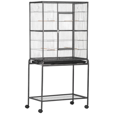 PawHut Jaula para Pájaros con Ruedas Pajarera Metálica con Perchas Comederos y Estante 81x48x162,5 cm Negro y Gris