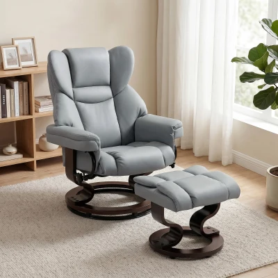 HOMCOM Draaibare relaxfauteuil met voetenbank, hoge rugleuning, hoogwaardig schuim, houten basis, lichtgrijs