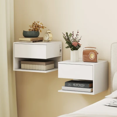 HOMCOM Set mit 2 Wand-Nachttischen mit Steckdosen, Weiß