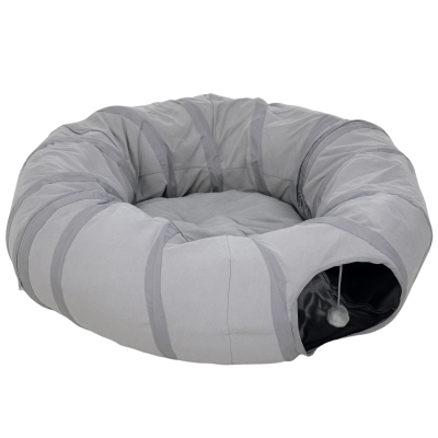 PawHut Túnel para gato interior redondo com cama e almofada, dobrável, com aberturas para bolas e visor, Ø 90 x 27 cm cinza