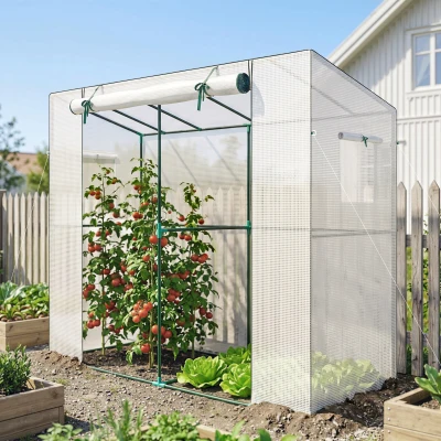 Outsunny Mini-kas, aanleunkas met roldeur en netramen, UV-bestendig, voor bloemen, zaailingen, planten, Wit