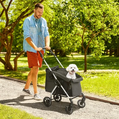 PawHut Carrinho para cão 4 rodas leve e dobrável, almofada lavável, trela de segurança, janelas em malha múltiplas, cinza