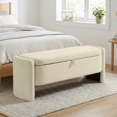 HOMCOM Banco de Fim de Cama, 118x42x45cm, Banco de Arrumação Acolchoado em Tecido Bouclê, Pernas em Madeira de Eucalipto, Creme