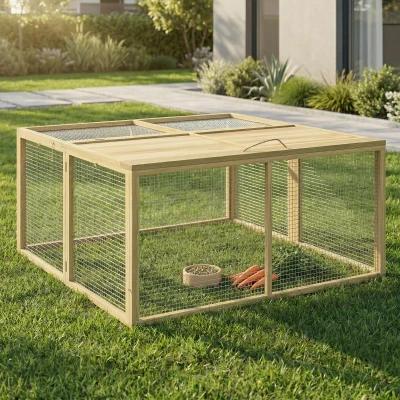 PawHut Enclos Lapin Extérieur Cage Lapin Intérieur Pliable Toit Ouvrant Total Poignée 1,44㎡ 120x120x57cm Naturel