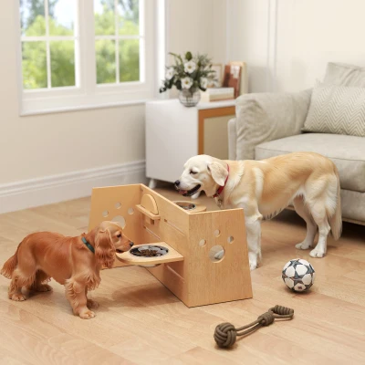 PawHut Comedouro elevado para cães de 3 alturas ajustáveis comedouro para cão 2 tigelas aço inoxidável 63 x 58,5 x 40 cm carvalho