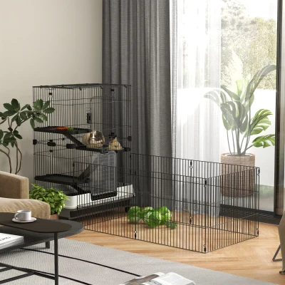 PawHut Gaiola para pequenos animais com rodízios 3 plataformas removíveis 3 rampas bandeja inferior removível metal PP preto