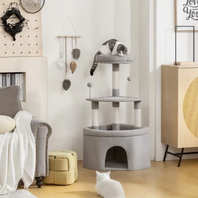 PawHut Árvore para gatos torre de atividades para gatos arranhadores sisal, plataforma, toca, pelúcia, bolas, 49x49x114cm cinza claro