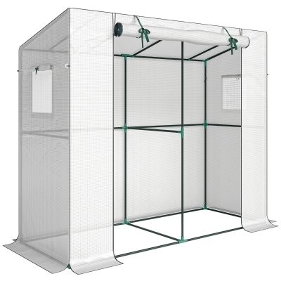 Outsunny Mini-kas, aanleunkas met roldeur en netramen, UV-bestendig, voor bloemen, zaailingen, planten, Wit