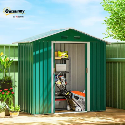 Outsunny 6.5ft x 3.5ft Garden Storage Shed, Large Metal Shed for Outdoor Storage with Double Sliding Doors and 4 Vents, Green