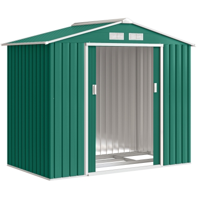 Outsunny 7ft x 4ft Lockable Garden Shed Large Patio Roofed Tool Metal Storage Building Foundation Sheds Box Outdoor Furniture, Green