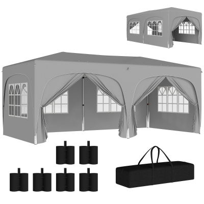 Outsunny Tenda dobrável 3 x 6m Pop Up, UPF50+ Altura ajustável, com saco de transporte e sacos de areia, Cinza claro