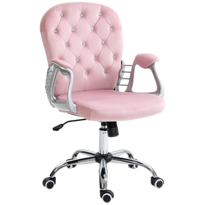 Vinsetto Silla de Escritorio de Terciopelo con Altura Ajustable Reposabrazos y Decoraciones de Diamantes 59,5x60,5x93-103 cm Rosa