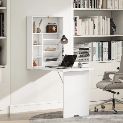 HOMCOM Secretária de parede dobrável, mesa mural dobrável com prateleiras para sala, sala de jantar, escritório, 93,8 x 60 x 147 cm, branco
