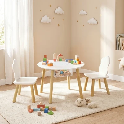 AIYAPLAY Table enfant bois blanc avec 2 chaises et sac rangement