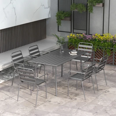 Outsunny Conjunto de jardim sala de jantar 7 peças com 1 mesa e 6 cadeiras empilháveis em aço cinzento escuro