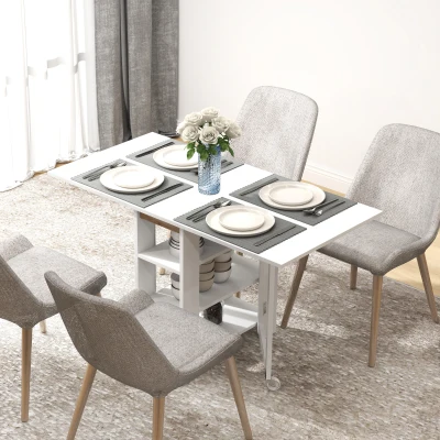 HOMCOM Mesa de Cocina Plegable con Alas Abatibles 2 Ruedas y Estantes Estilo Moderno 120x60x75 cm Blanco