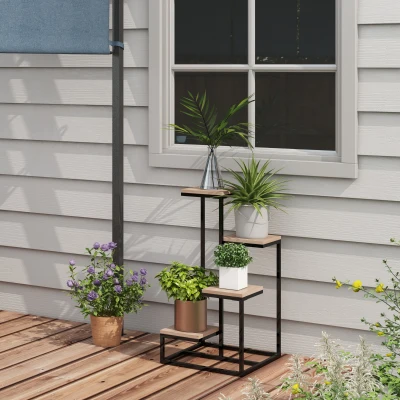 Outsunny Estante para plantas estante de flores em metal e madeira 4 níveis de alturas diferentes estilo industrial 40 x 40 x 75,5 cm