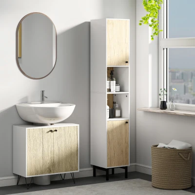 kleankin Columna de Baño con 6 Compartimentos para Ducha Aseo Dormitorio Estilo Moderno 31,5x30x169 cm Blanco y Roble