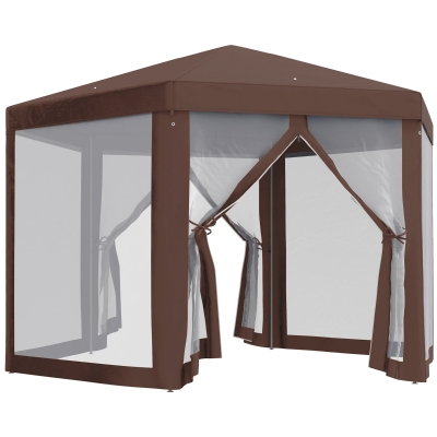 Outsunny Hexagonal Garden Gazebo - Patio Party Outdoor Canopy Tent Sun Shelter with Mosquito Netting and Zipped Door, Brown