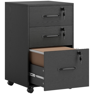 HOMCOM Caisson Bureau 3 Tiroirs Verrouillables Roulettes Noir