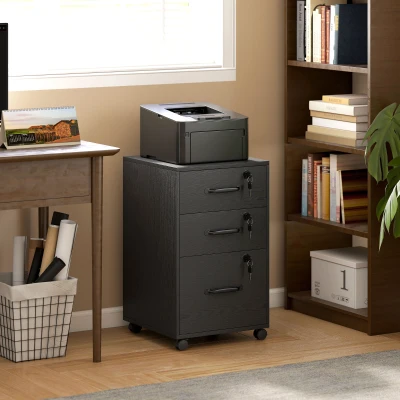 HOMCOM Caisson Bureau 3 Tiroirs Verrouillables Roulettes Noir