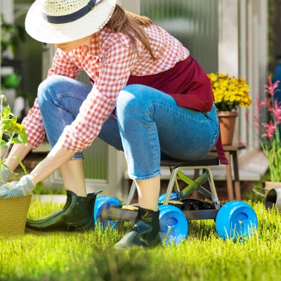 Outsunny Assento de jardim sobre rodas banco de jardinagem bandeja para ferramentas para arrancar ervas daninhas plantar 50 x 49 x 32 cm azul